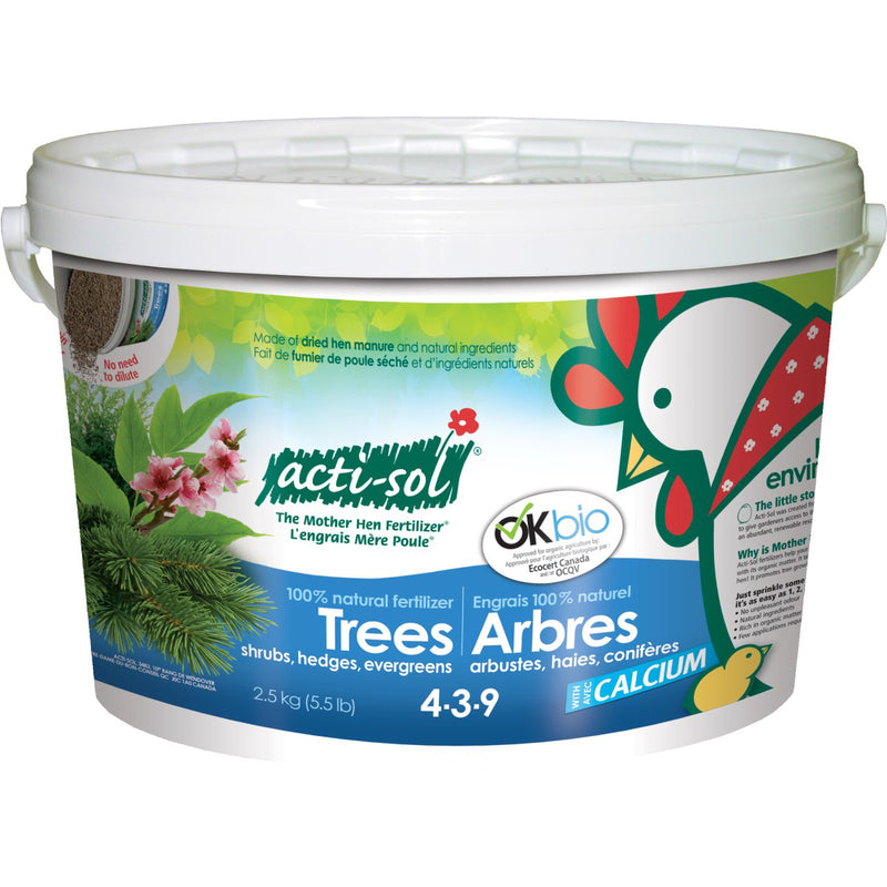 Acti-Sol: Trees, shrubs hedges, Evergreens 4-3-9 2.5 kg Pail With Calcium - GrowDaddy
