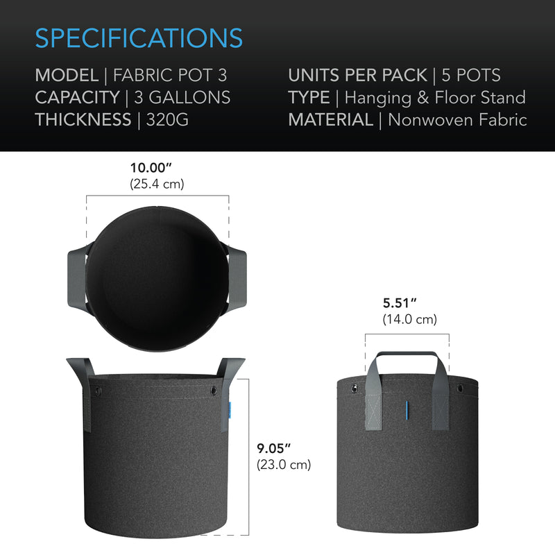 AC INFINITY Heavy Duty Fabric Pots 5-Pack ( All Sizes ) - GrowDaddy