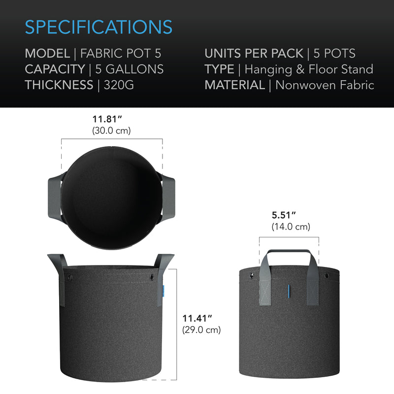 AC INFINITY Heavy Duty Fabric Pots 5-Pack ( All Sizes ) - GrowDaddy
