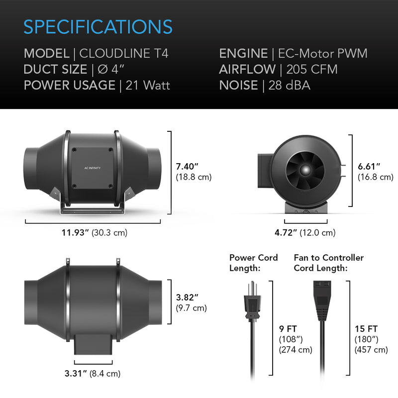 Ac Infinity CLOUDLINE T Series Quiet Inline Duct System Fan + Temp and Humdity Controller - GrowDaddy